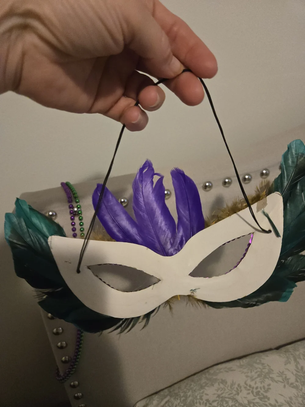 Feather Mardi Gras Mask & 2 Necklaces - Purple & Green